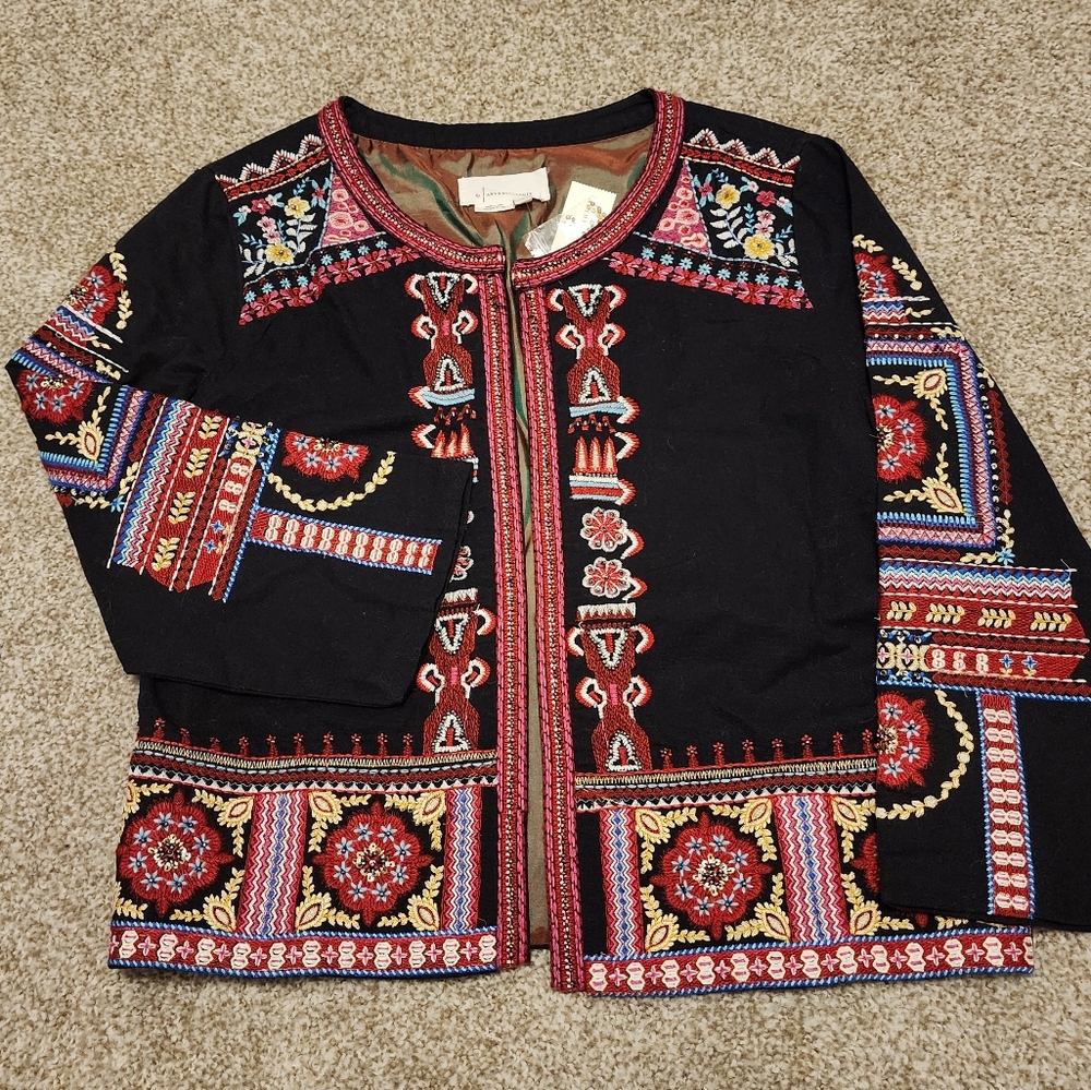 Anthropologie NWT $180 Abstract Colorful Embroidered Floral Cotton Boho Jacket S - Picture 2 of 11